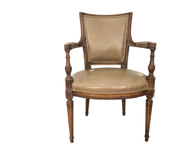 Louis XVI Style Armchair in Beige Leather: 22 x 19 x 37, Seat height: 18, Arm height: 27.5