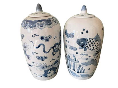 Blue and White Ming Ginger Pots, Pair: 5.5w x 5.5d x 10.75h