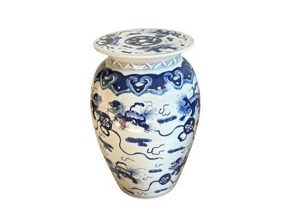 Blue and White Chinoiserie Garden Stool: 12.5w x 18.5h, Top: 10.5 diameter. Stool has a foo dog design.