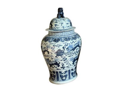 Blue and White Foo Dog Temple Jar: 16w x 27.5h