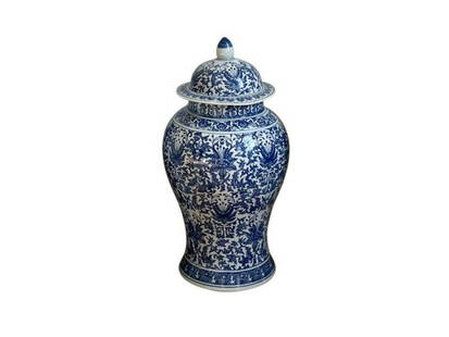 Blue and White Temple Jar, Floral Motif: 10w x 19.25h