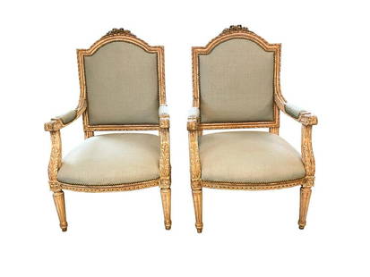 Louis XVI Style Armchairs in Light Blue Upholstery: 27w x 26d x 43.75h, Seat height: 18, Arm height: 25.5