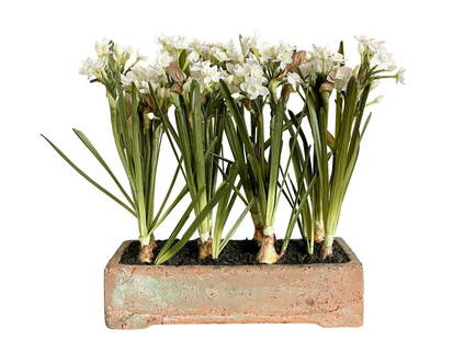 Faux Flowers in Brick Planter: 14w x 5.25d x 16h