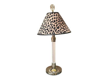 Chrome and Lucite Table Lamp with Leopard Shade: 6w x 6d x 24h, Shade: 12 diameter x 7.75l