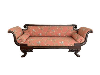 Carved Recamier Sofa in Floral and Check Upholstery: Upholstered on both sides. 94w x 24.5d x 36.75h, Seat height: 20, Arm height: 33.5