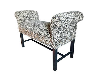 Ethan Allen Scroll Arm Bench in Leopard Print: 45w x 18.5d x 28.5h, Seat height: 22