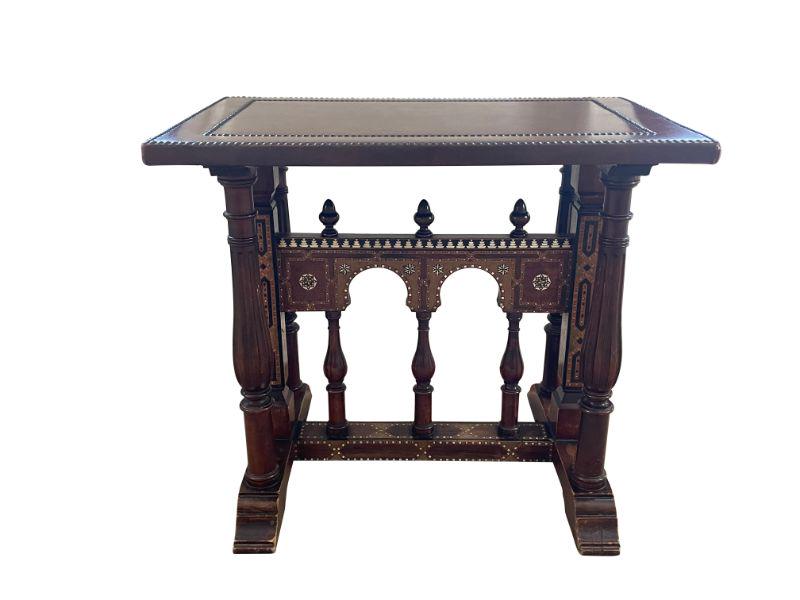 Anglo Indian Inlaid Side Table with Leather Top: 31.5w x 20.5d x 27.25h