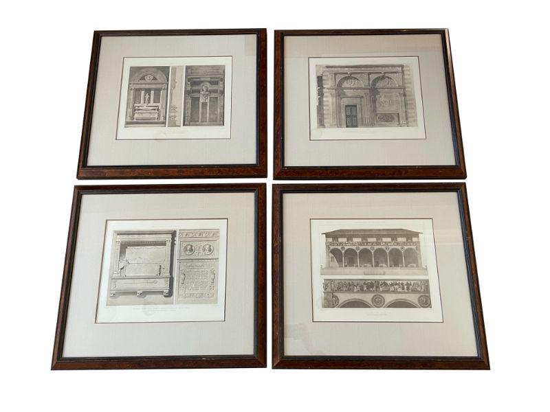 Moyen Age et Renaissance Prints in Burl Frames: 24.25w x 2d x 22h. Purchased in Hudson, NY. 1. Rome Tombeaux Dans L'Eglise Ste Marie De La Paix 2. Cathedrale de Sienne Porte De La Librairie 3. Tombeaux A Florence 4. Hopital De Pistoia
