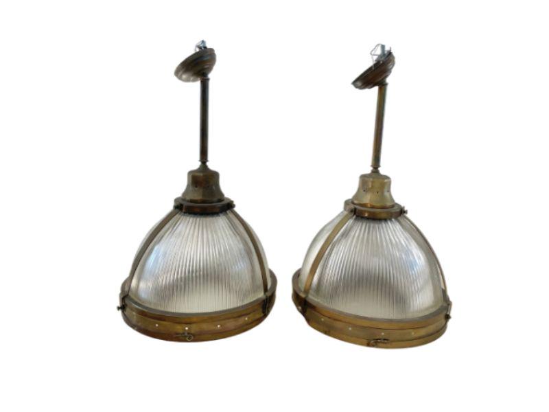 Ann-Morris Holophane Pendants, Pair: 19.5w x 33h. Antique Brass Finish.