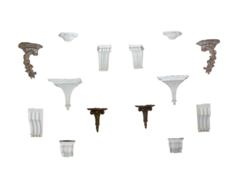Wall Brackets, Set of 14: Collection of 14 wall brackets with varying widths up to 13 in. w and varying heights up to 15 in. h.