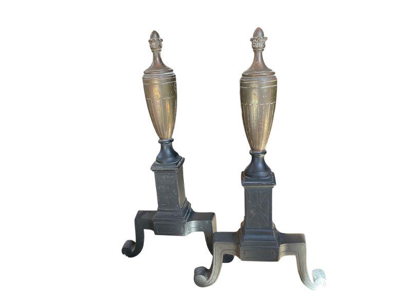 Wrought Iron Andirons with Brass Urn Finials: 19.5h x 23.5d