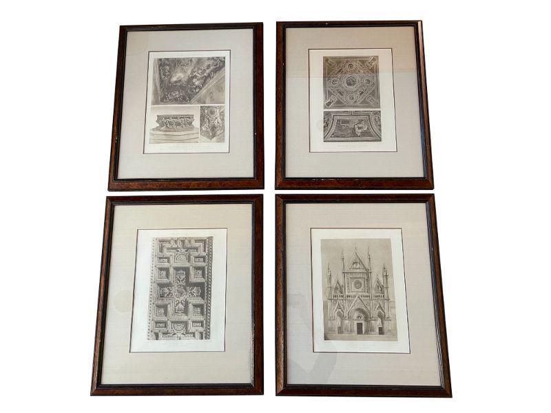 Moyen Age Et Renaissance Prints in Burl Frames: 21w x 2d x 25h. Purchased in Hudson, NY. 1. Cathedrale D'Orvieto 2. Rome Plafond De L'Aracoeli 3. Plafond Du Palais Barberini 4. Rome Eglise Ste Marie Du Peuple