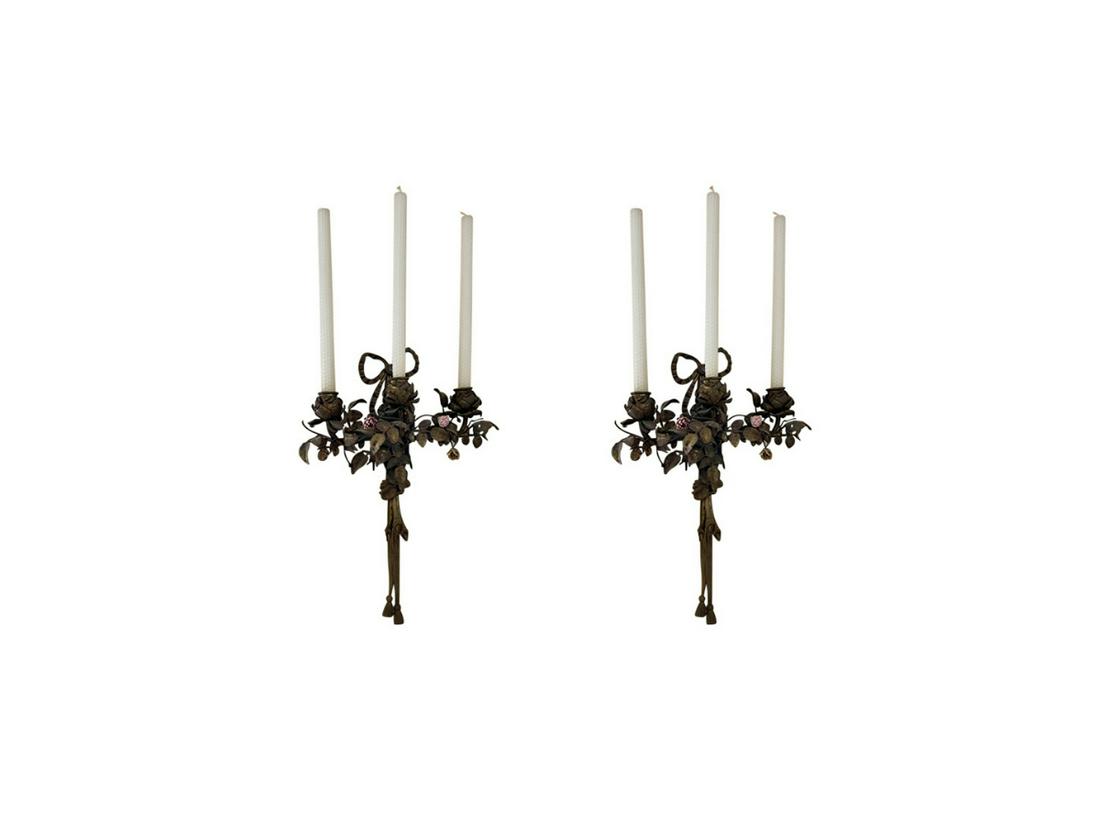 Gilt Metal Candle Sconces with Porcelain Flowers, Pair: 13in w x 8in d x 18in h, sold without candlesticks.