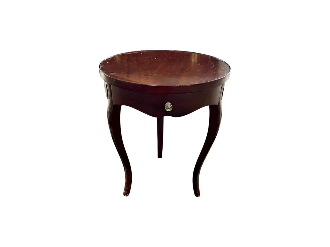 Petite Round End Table: 15in w x 15in d x 19in h. The Bombay Company Sticker. Faux drawer.