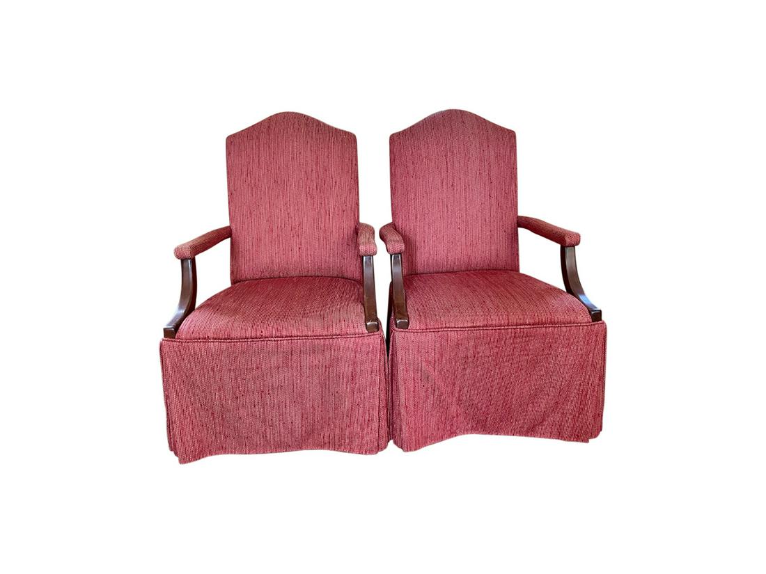 Red Skirted Armchairs, Pair: (2) 25in w x 24in d x 40in h