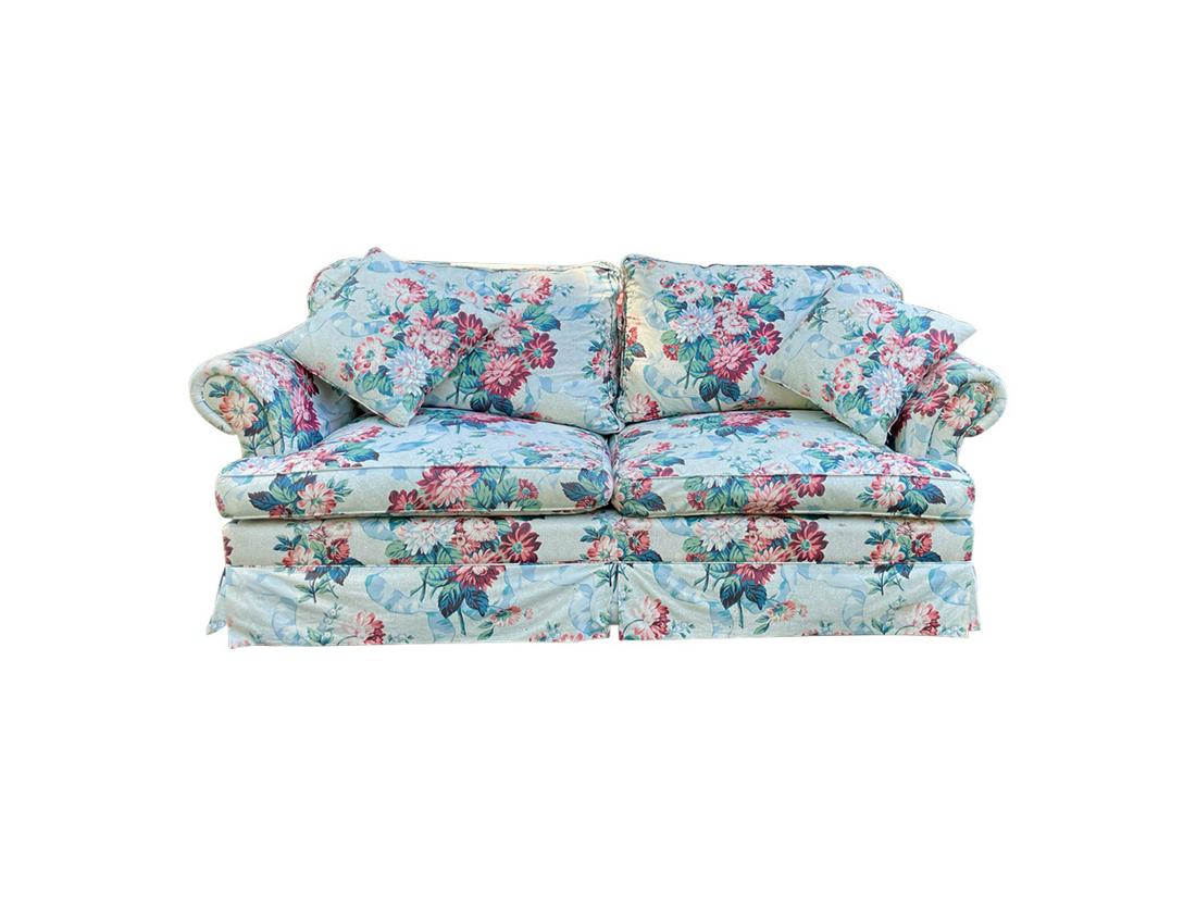 Chintz Roll Arm Pull Out Sofa: 72in w x 38in d x 34.5in h, Seat height: 19in h, Seat depth: 27in d, Arm height: 25.5in h. Very heavy!
