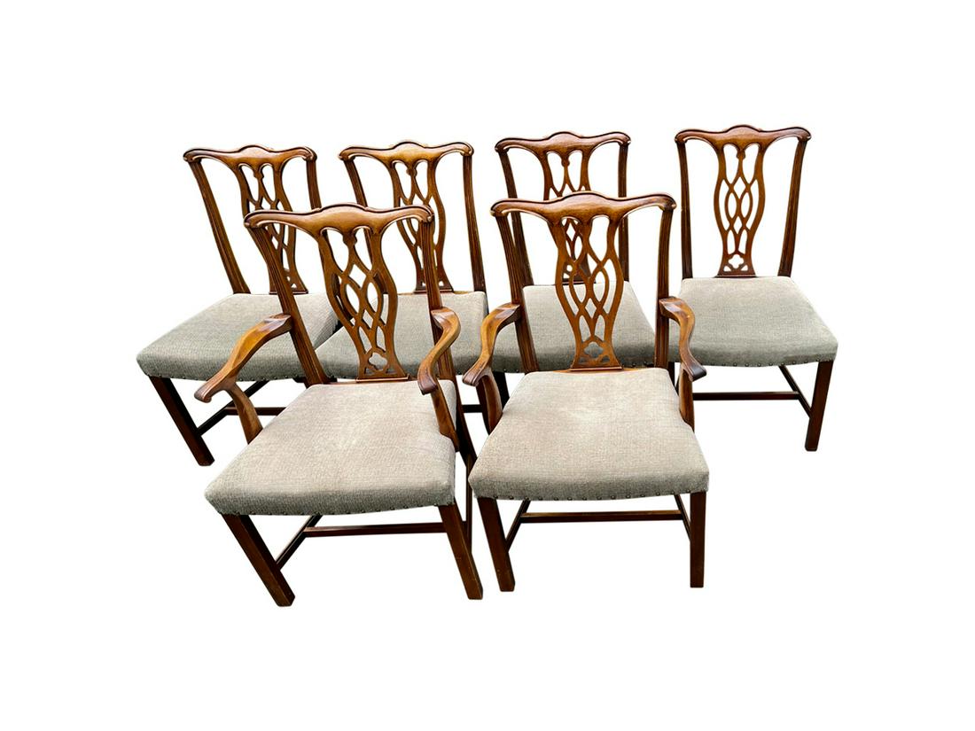 Chippendale Dining Chairs, Set of 6: (2 Arm Chairs) 24in w x 19in d x 28in h, arm height 28in, seat height 19in, (4 Side Chairs) 22in w x 19in d x 38in h, seat height 19in