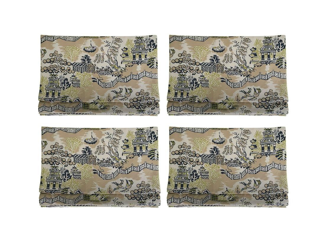 Thibaut Luzon, Navy on Beige, Roman Shades, Set of 4: 37in w x 2in d x 26in h