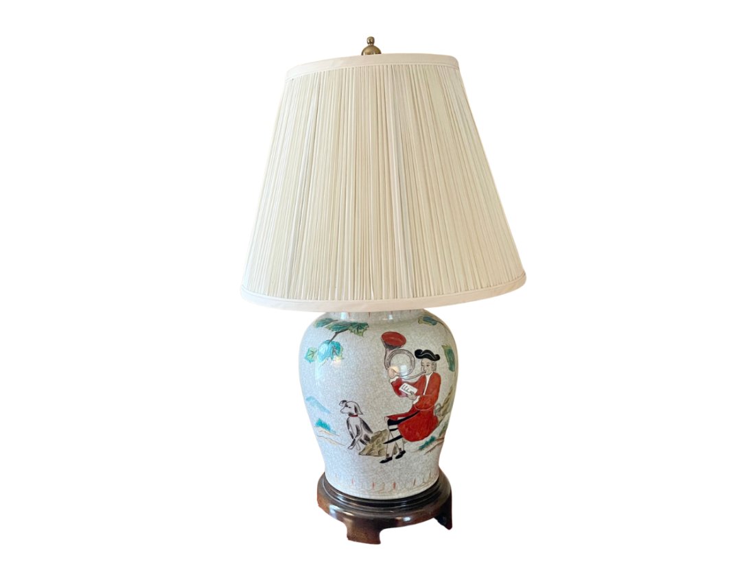 Crackle Glaze Lamp on a Wooden Base: 11in d x 25in h, String shade: 16in d x 13in h