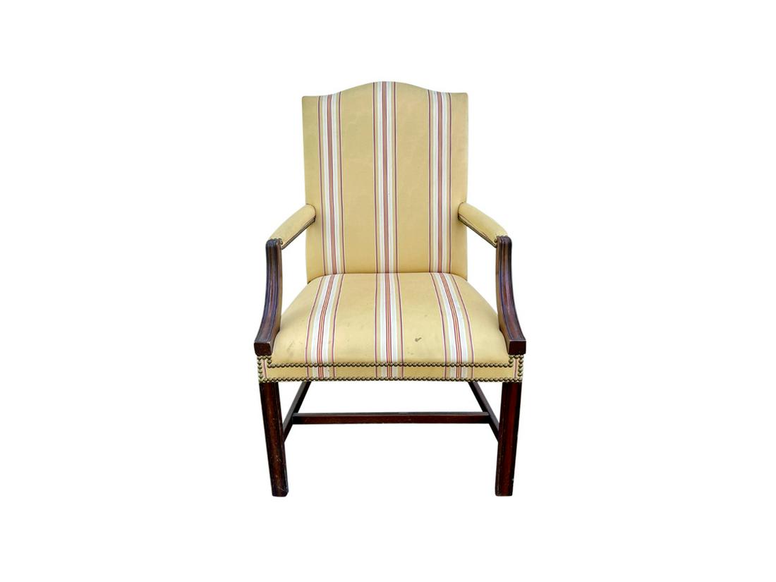 Yellow Stripe Upholstered Armchair: 25in w x 22.5in d x 40in h, seat height: 18in , seat depth: 19in , arm height: 26in