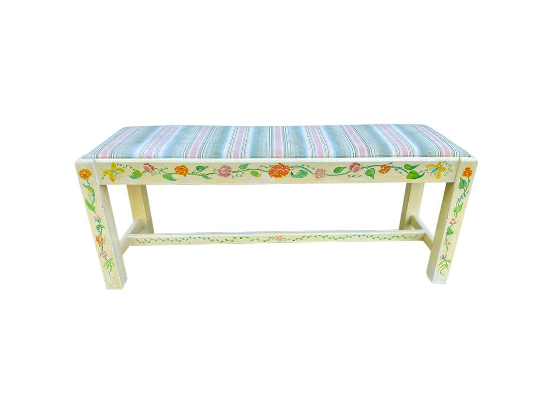 Handpainted Floral Bench: 40in w x 12in d x 16in h, Flowers are painted on only one side of the bench.