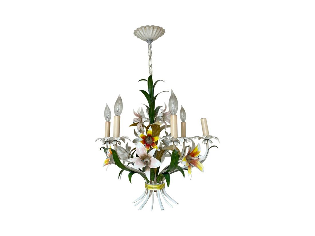 Vintage Colorful Tole Lily Chandelier: 21in d x 20in h, 10in chain length