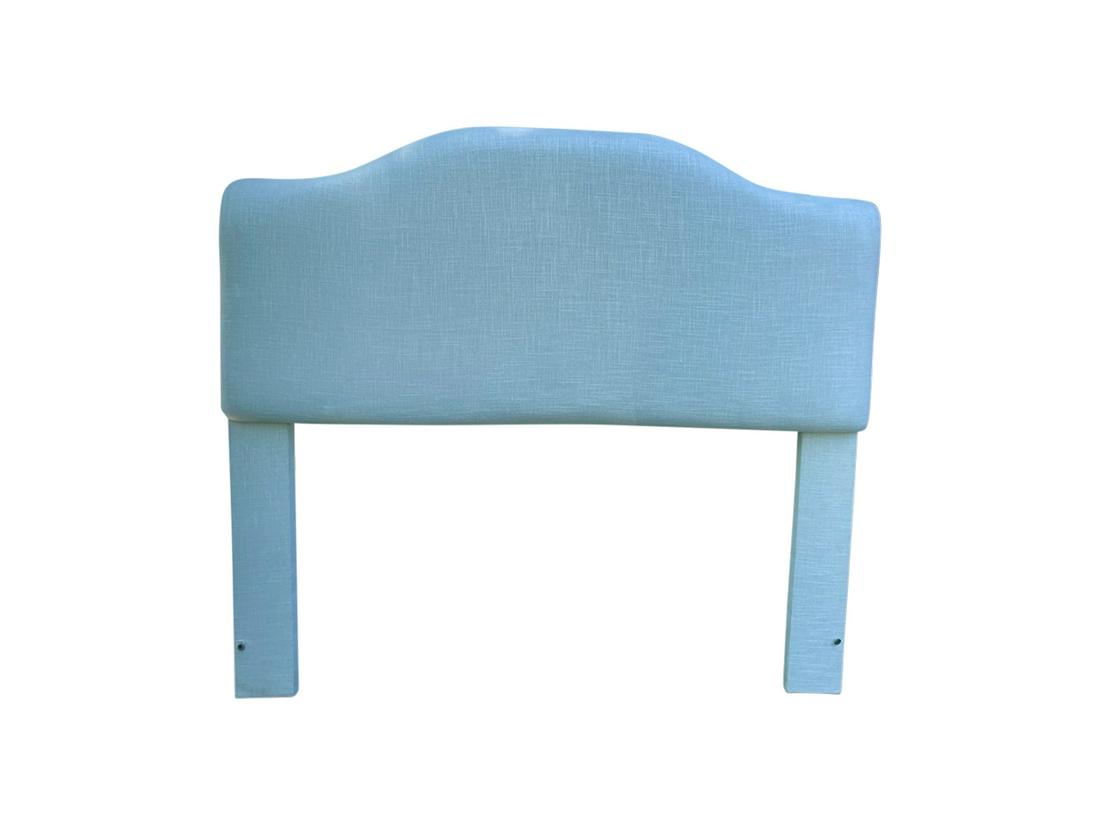 Queen Size Light Blue Headboard: 62in w x 2.5in d x 55in h. Color is a faint misty blue. Photos make headboard appear more blue than in real life. Actual color is a very light blue, photo 4 best represents color.