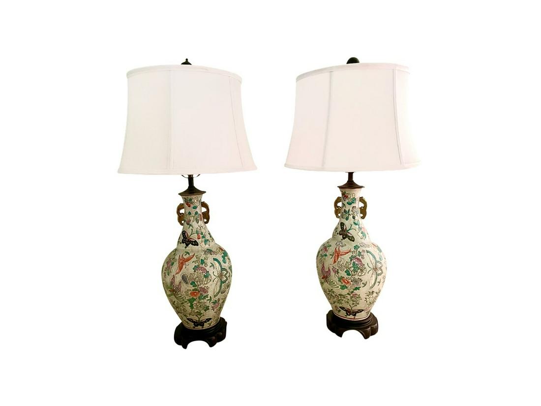Chinese Butterfly Lamps, Pair: 8in d x 32in h, Shade: 15in w x 10in h.
