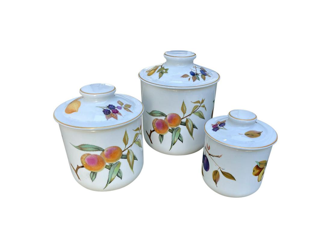 Vintage Royal Worcester Evesham Canisters: Small: 5.5in w x 7in h, Medium: 7in d x 8in h, Large: 8in d x 10in h