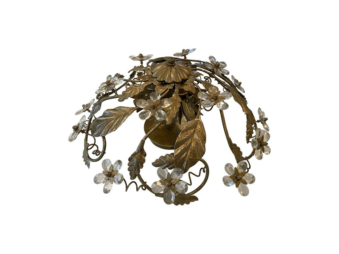 Aged Brass And Crystal Floral Flush Mount: 18in d x 9in hceiling plate 5.25in diameter6 bulbs required