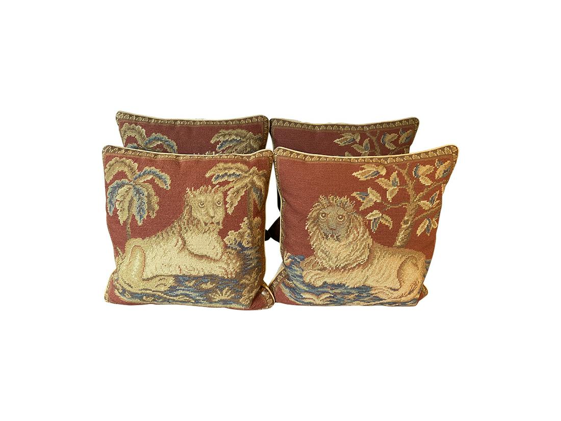 Chelsea Textiles Needlepoint Lion/Lioness Pillows with Down Inserts: Zipper closure, 100% wool. 14.5in x 14.5in