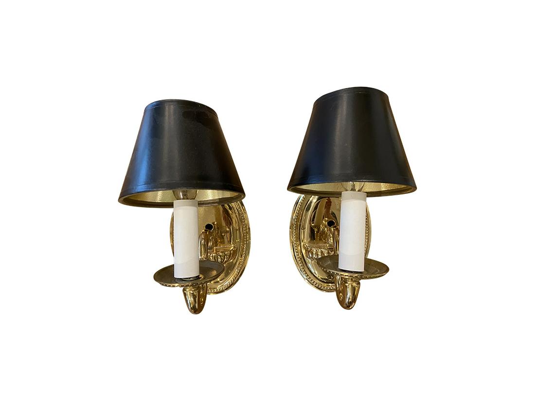 Single Arm Sconces with Black Shades, Pair: pair gold single arm sconces with black shades5in w x 7in h x 7.5in extensionshades are 5in d at base x 4in h