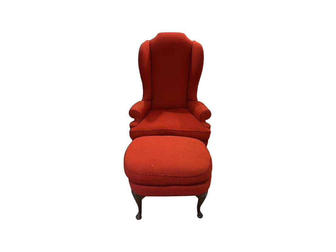 Red Wing Chair and Ottoman: 32in w x 28in d x 51in h, seat height: 21in. Ottoman: 28in w x 21in d x 20in h.
