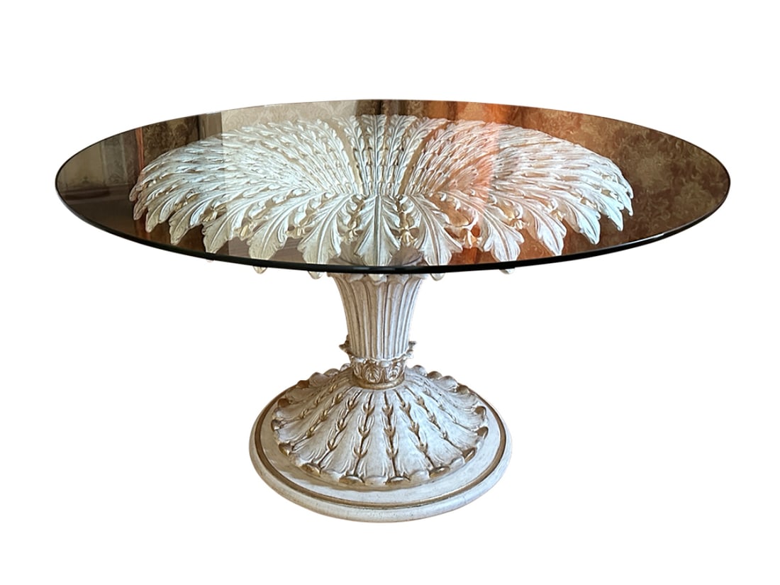 Striking Giltwood and Painted Palm Sculpture Dining Table: 59in dia x 31in h