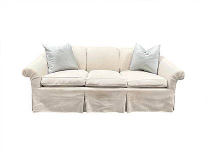 Edward Ferrell Lewis Mittman Sofa: 85in w x 38in d x 32in h, Seat height: 22in, Includes 2 blue silk down filled throw pillows: 22in x 22in