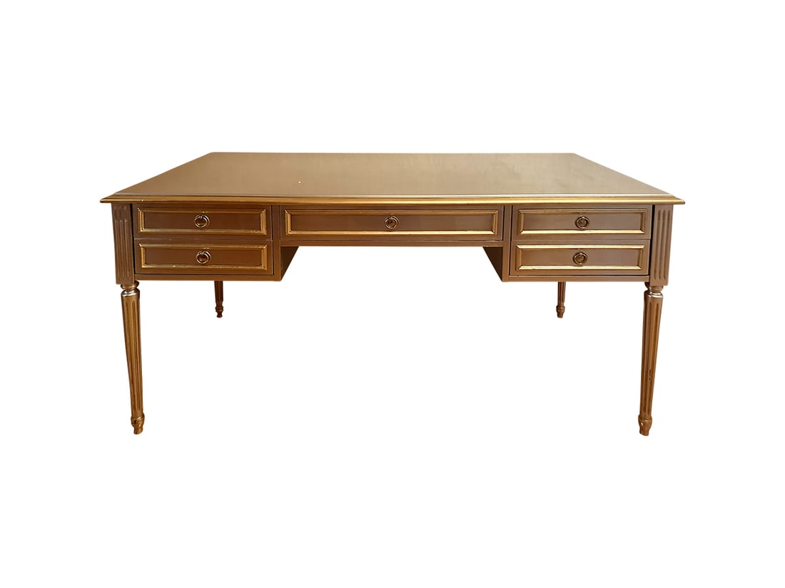 Silver Painted Writing Desk with Gilt Details: 60in w x 30in d x 30.5in h