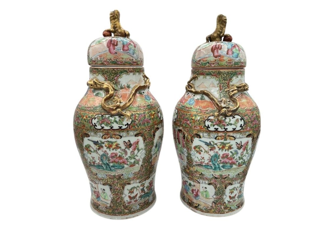 Rose Medallion Lidded Vases with Applied Dragons and Foo Dogs, Circa 1840 (1 of 20)