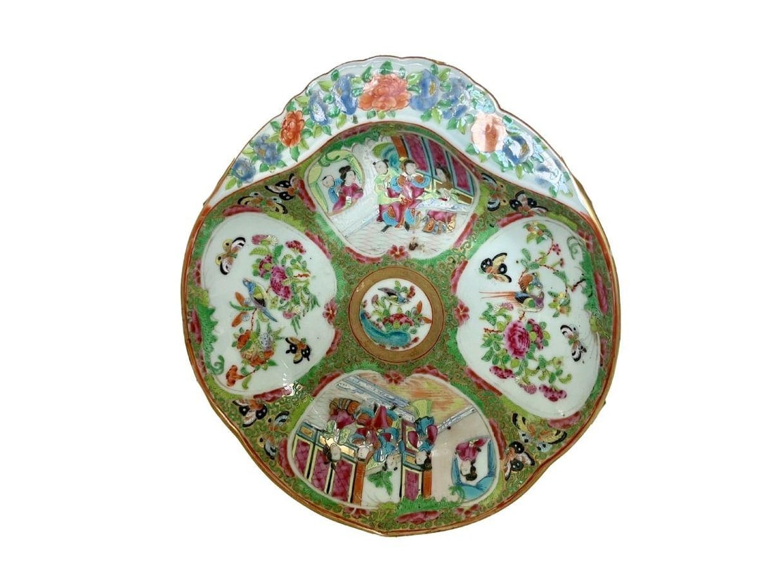 Rose Medallion Shrimp Plate Dish: 10in w x 10.75in h x 1.75in d. Purchased at Burlwood Antiques Center in NH in 2007for $595.