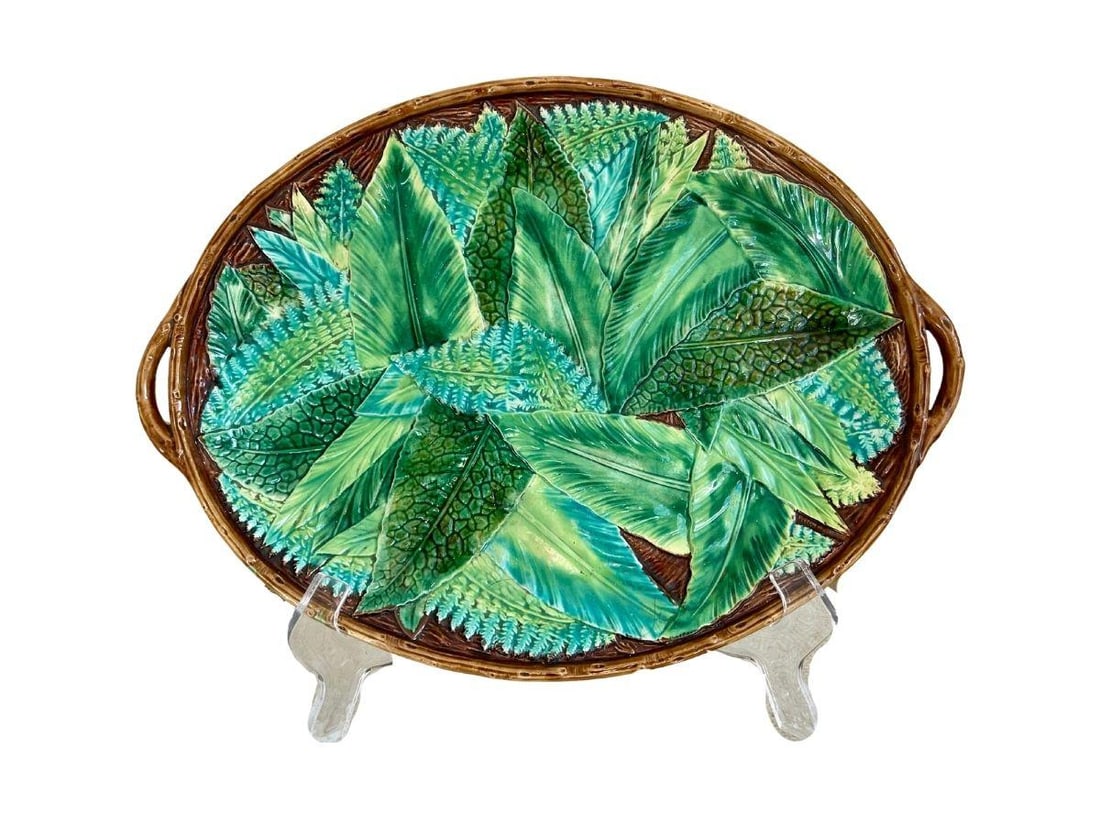 Antique George Jones Majolica Fern Platter: 16in w x 11.5in h x 1.75in d