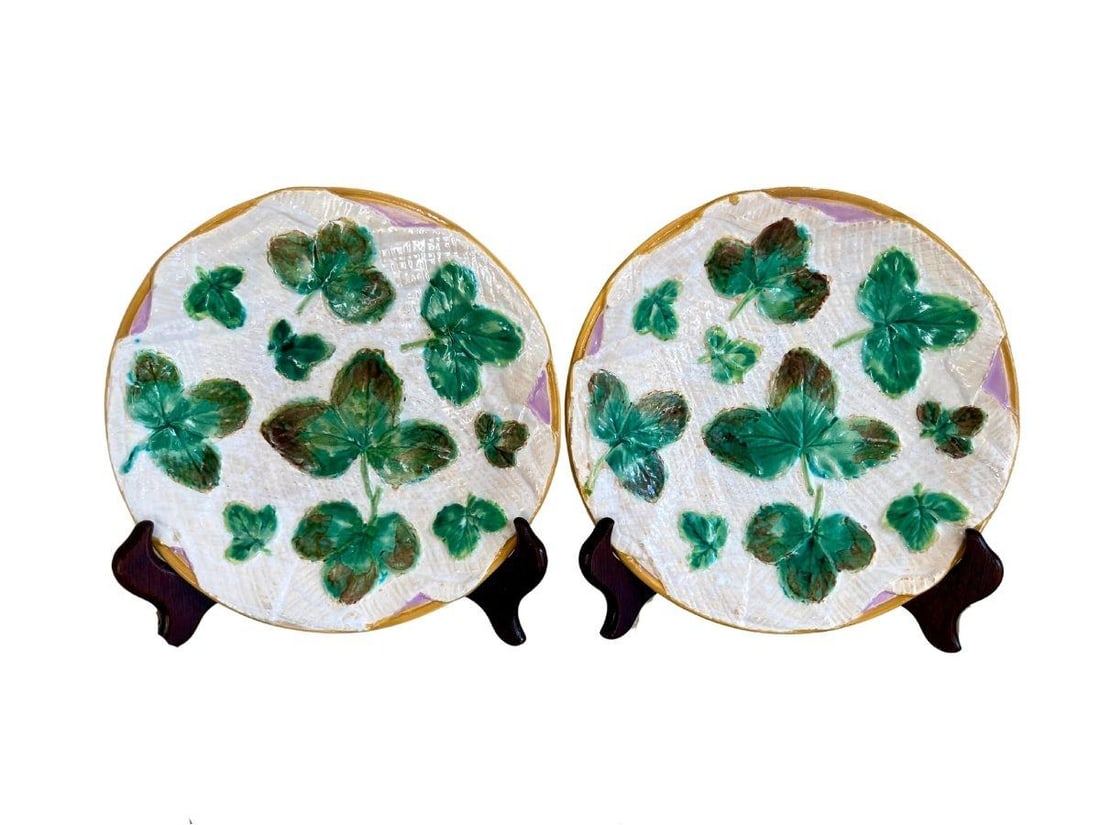George Jones Majolica Strawberry Leaves Plates, Pair: 8in diameter x 1in d