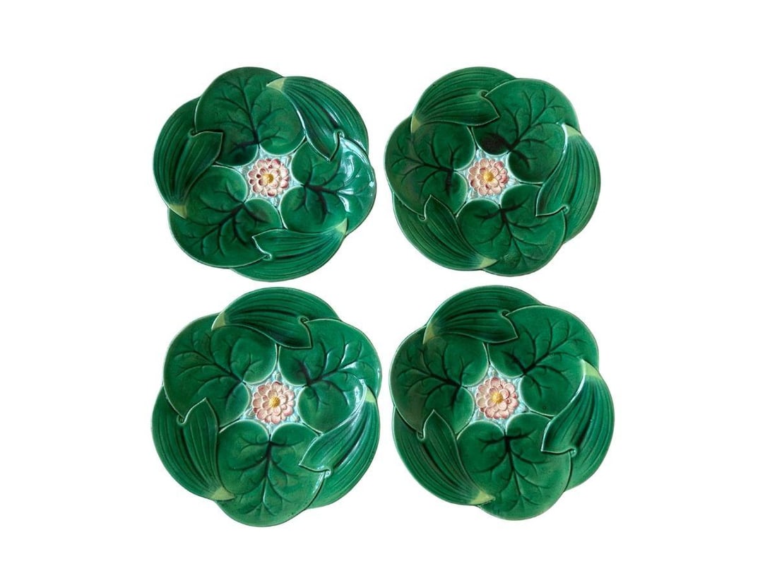 Rare George Jones Majolica 'Lotus' Flower Plates, Set of 4 (1 of 13)