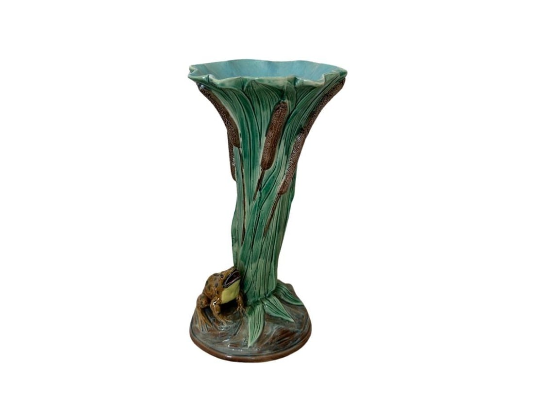 Joseph Holdcroft Majolica Frog and Bulrush Vase, Circa 1880: 5in w x 4.5in d x 11in h
