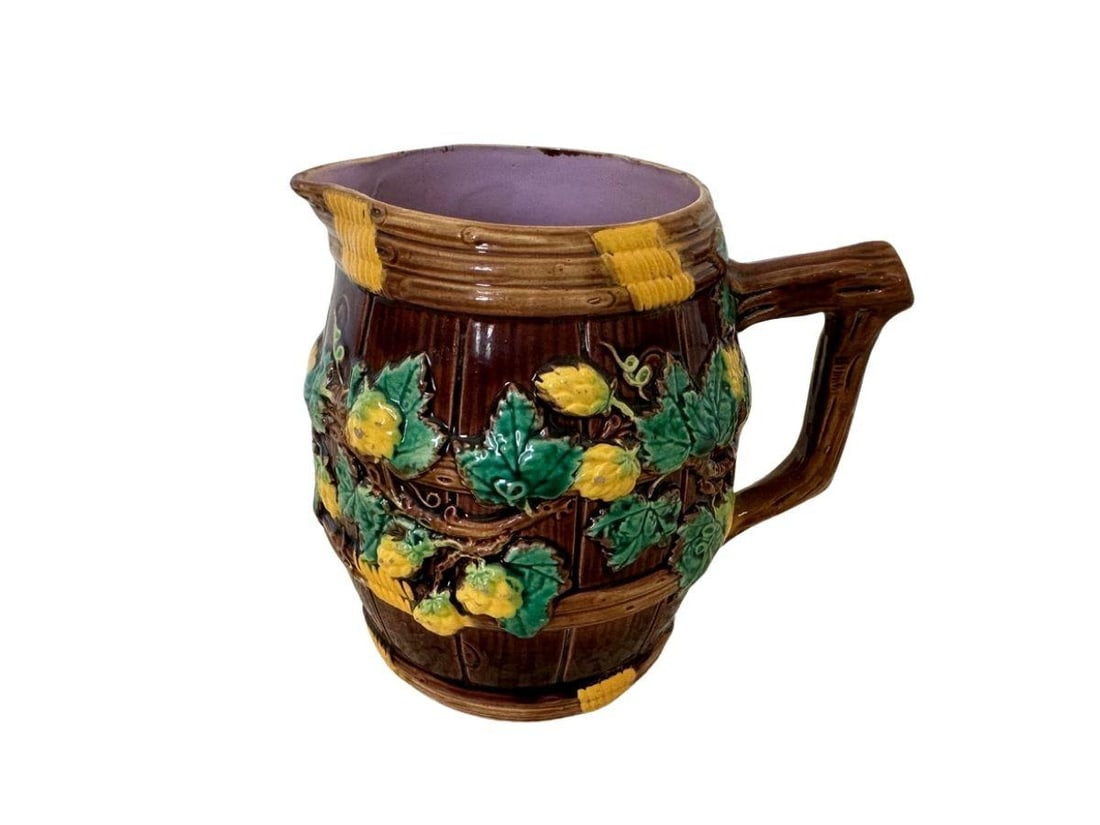 George Jones Majolica Barrel and Hops Pitcher: 5in w x 4in d x 5in h
