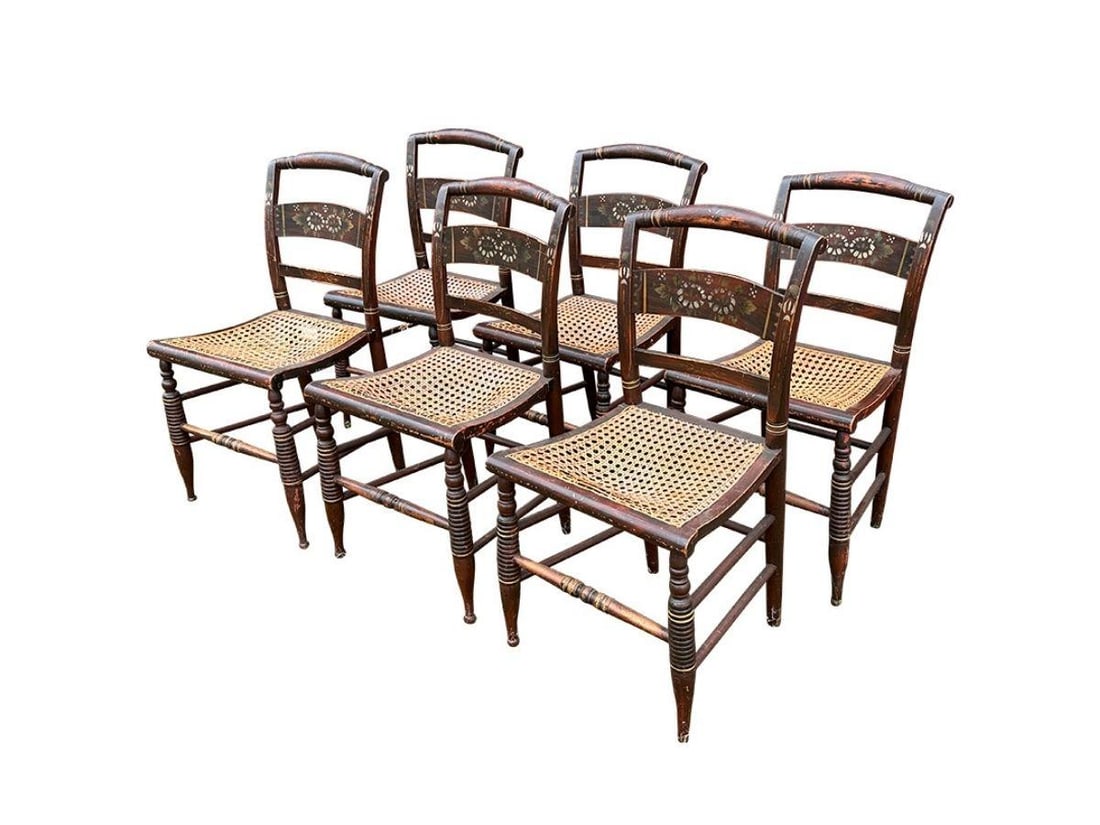 Antique American Hitchcock Caned Chairs, Set of 6: 18.5in w x 16in d x 37in h, Seat height: 17in