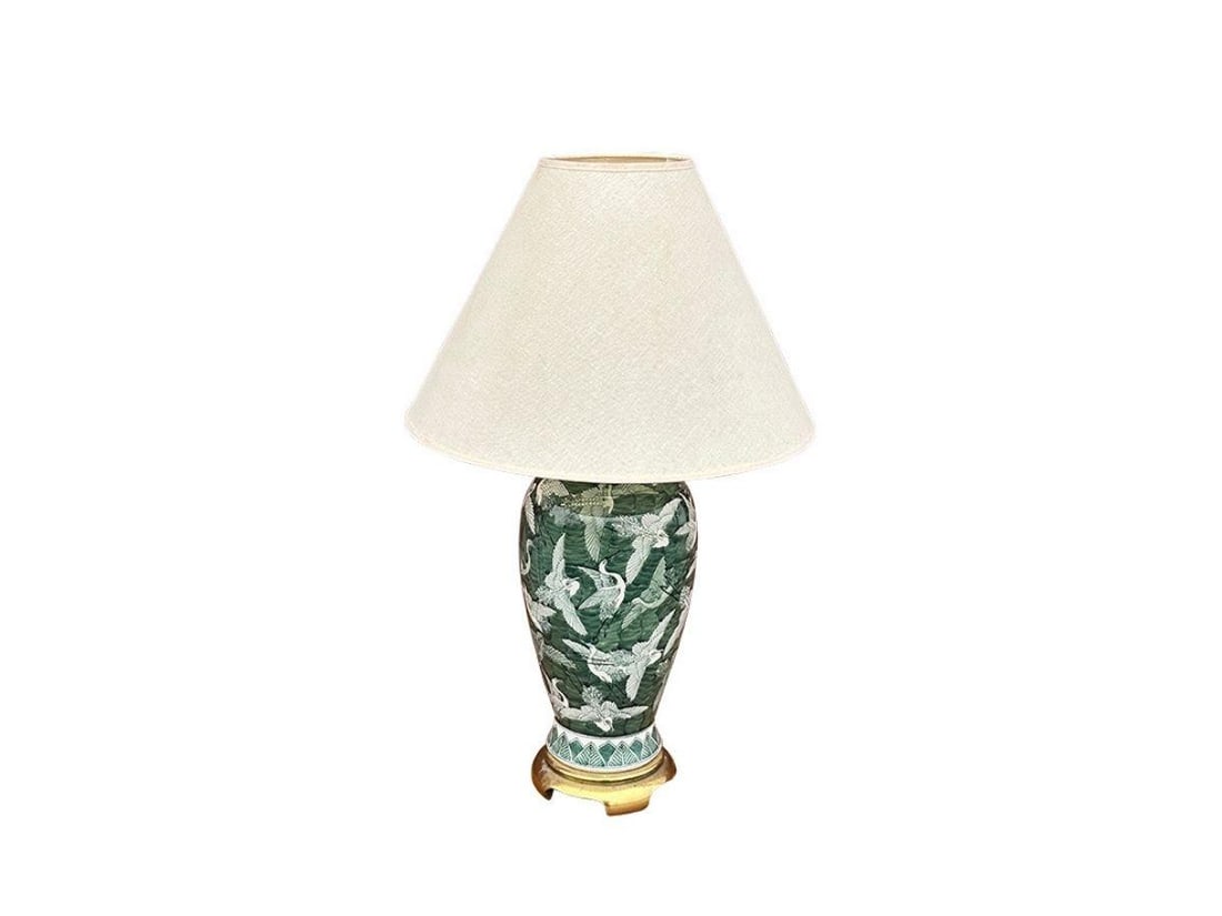 Green and White Crane Motif Ceramic Lamp: 7in diameter x 29in h