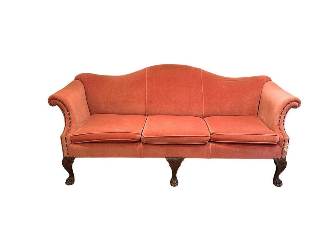 Chippendale Style Camelback Sofa with Ball and Claw Feet: 80in w x 34in d x 35in h, Seat height: 19in, Arm height: 27in