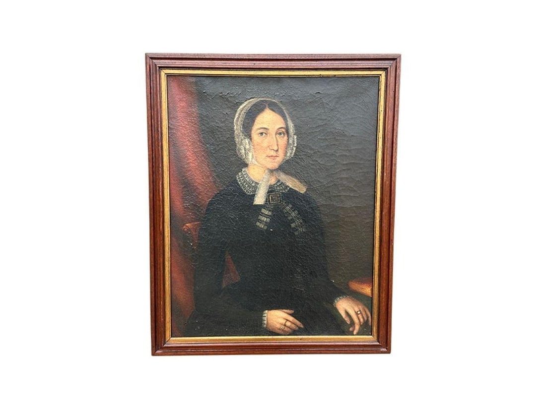 Antique American Portrait of a Lady, Oil on Canvas, verso with supplier stamp from Theo Kelley,: 28in w x 34.5in h