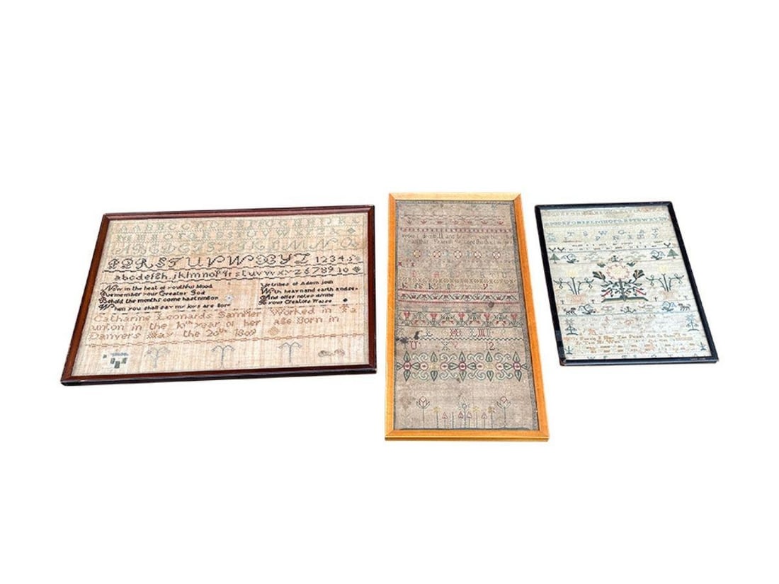 Antique Needlepoint Samplers, Set of Three: 10in w x 13in h, 1in w x 9in h, 19in w x 13in h. One sampler is dated 1819, with attached history on reverse along with a photo of Catherine Leonard Williams.