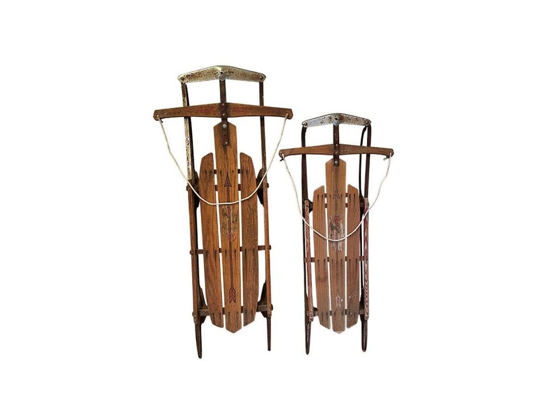 Vintage Flexible Flyers, Pair: Large: 25in w x 56in l x 10in d, Small: 25in w x 56in l x 7in d