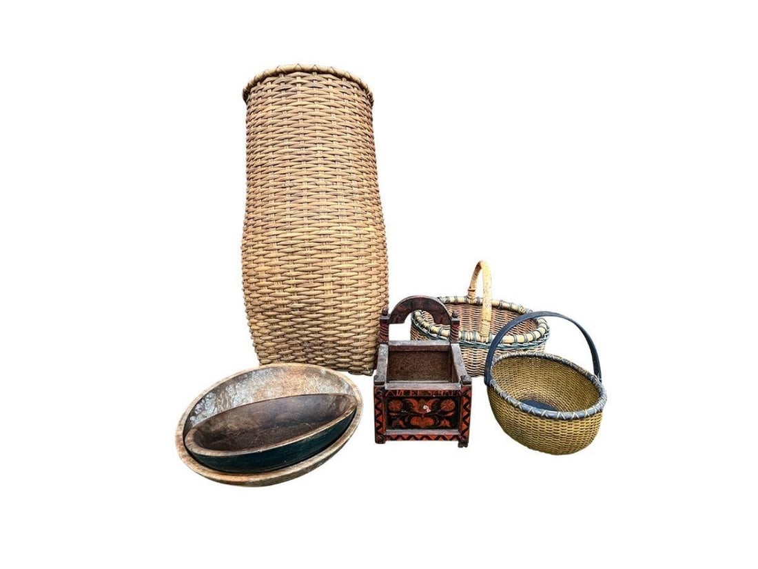 Collection of Baskets, Assortment: Large: 15in w x 11in d x 32in h, Blue Oval: 16in w x 13in d x 12in h, Round Swing: 10in diameter x 5in h, Red Box: 8in w x 8in d x 11in h, Bowls: 15in w x 13.5in d x 4in h, 12.5in w x 12in d x 3.5in h